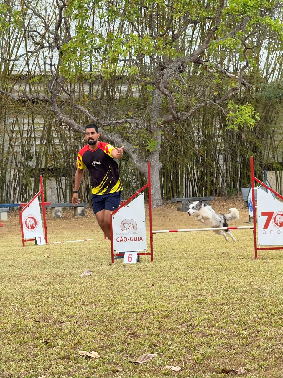 Luiz em prova de agility com border collie saltando o obstáculo
